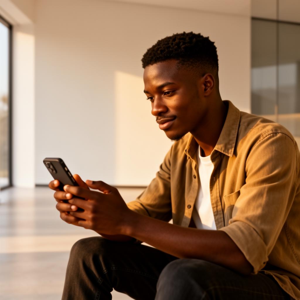 Jovem angolano focado no smartphone